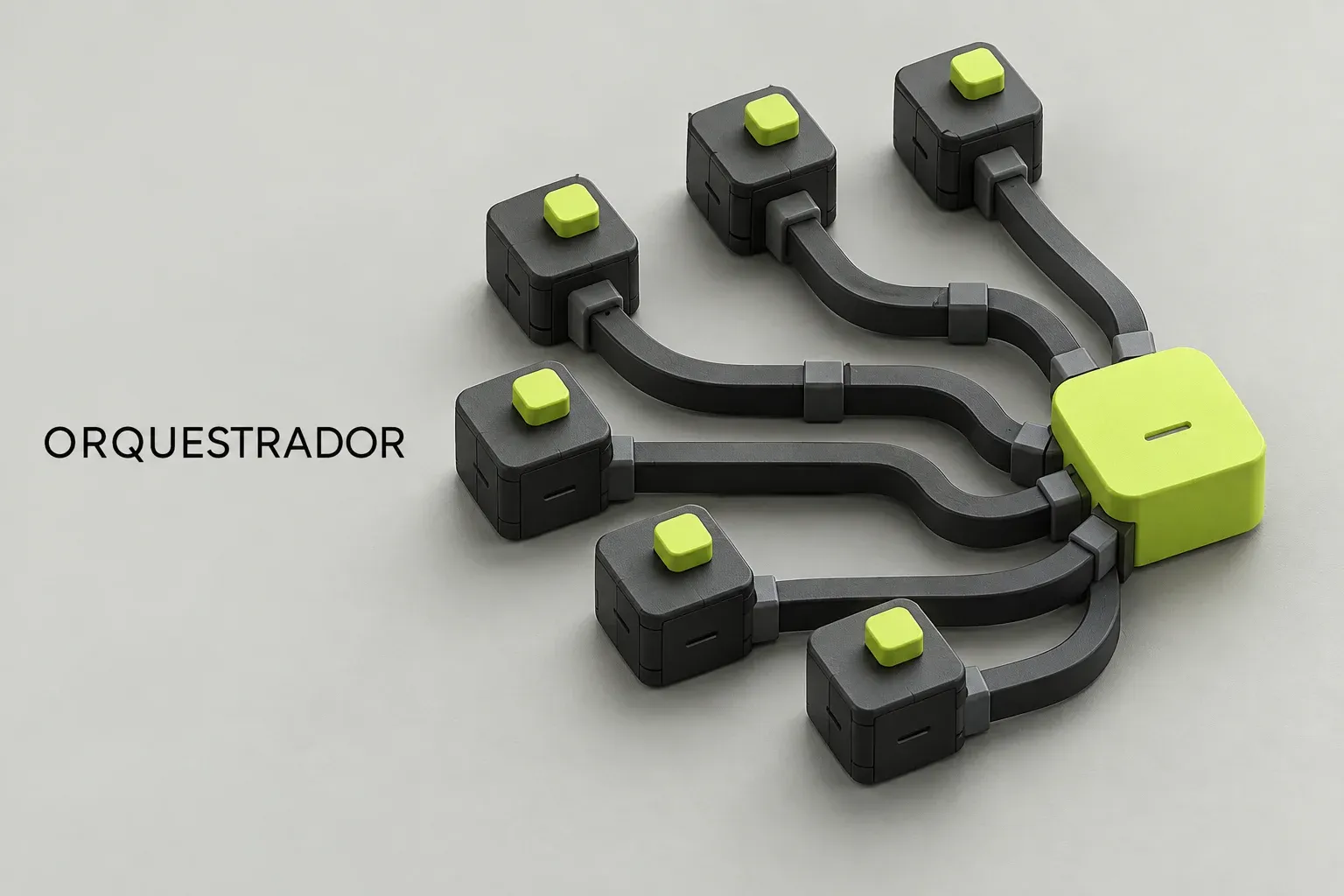 Miniatura 3D de módulos conectados a uma saída, representando a comparação e síntese de propostas.
