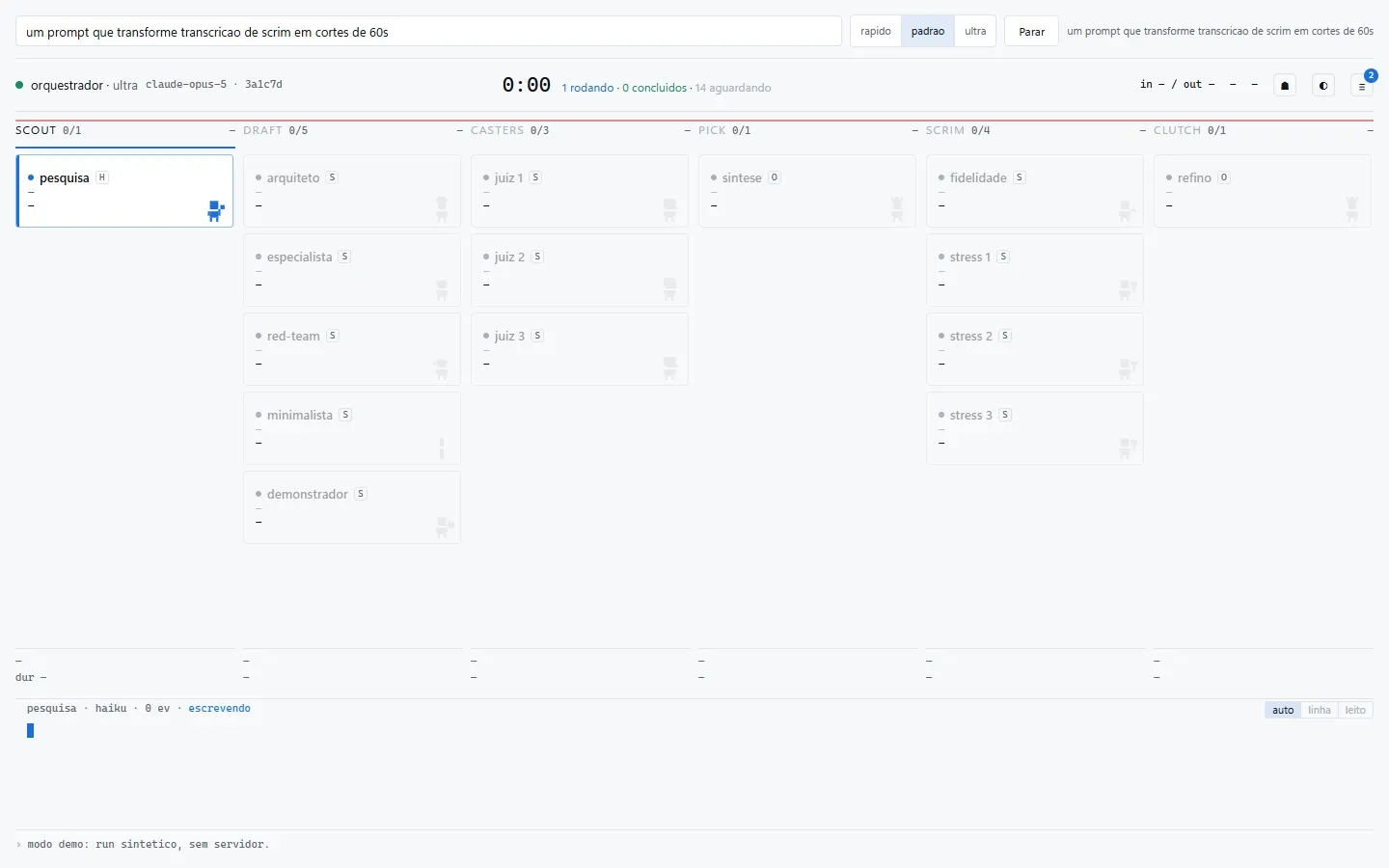 Visualizador em modo demonstração, com uma execução sintética.