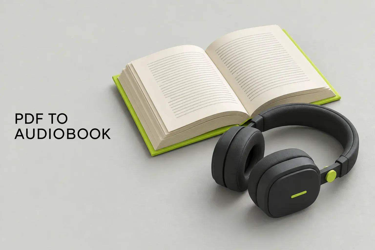 Livro aberto e fones de ouvido em 3D, representando a conversão de PDF em audiolivro.