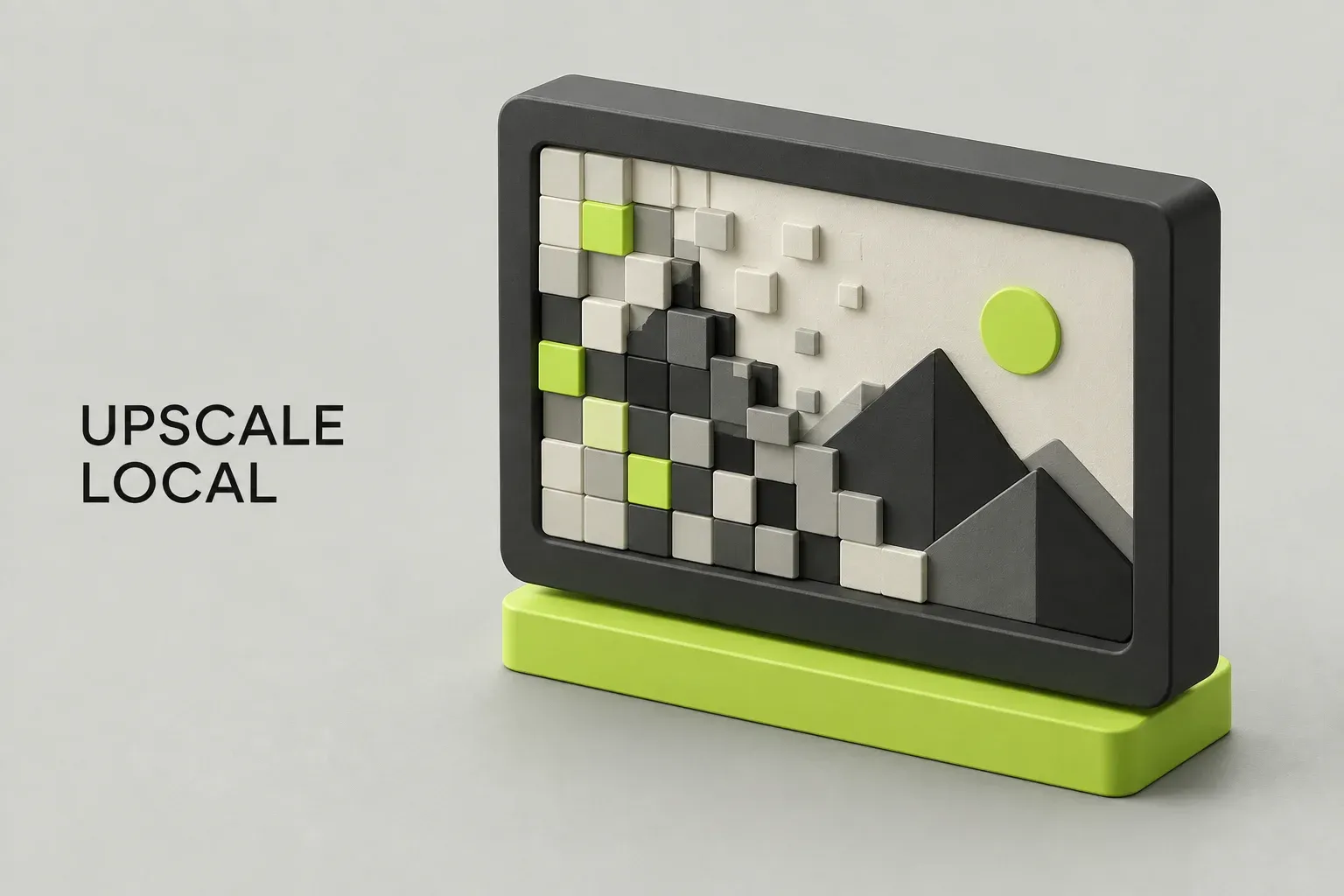 Quadro 3D que passa de blocos grandes para uma imagem com formas definidas.